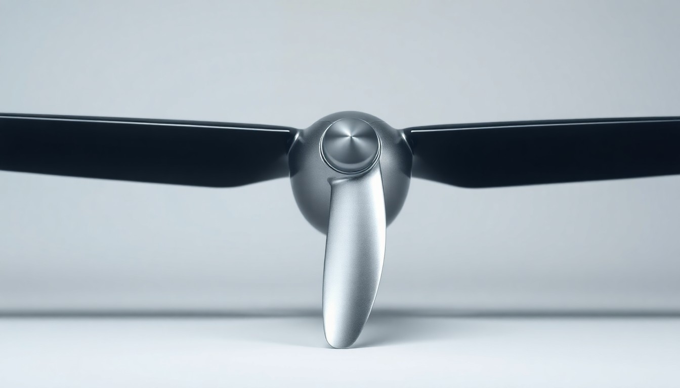 A photorealistic studio still life of a sleek, metallic aircraft propeller floating on a clean, monochromatic background, symbolizing the advanced aerospace technology at the heart of Merlin's autonomous flight systems.