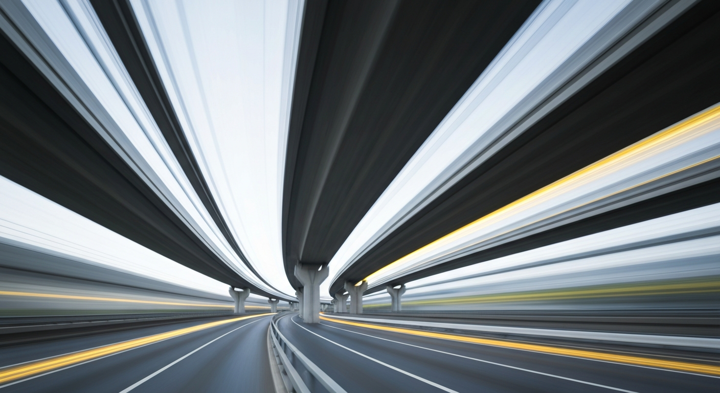 An abstract, blurred image of a highway overpass in shades of gray, blue, and yellow, conveying the speed and energy of modern transportation infrastructure.