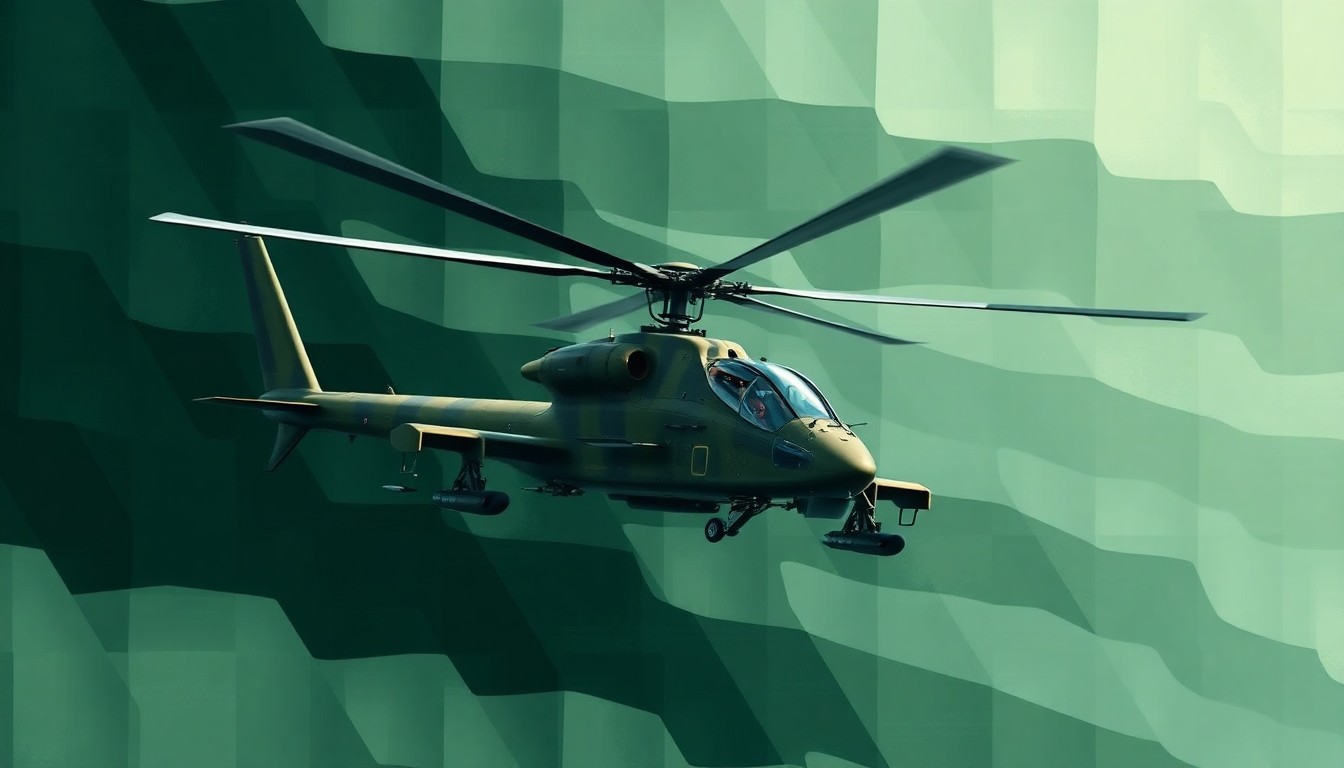 A dynamic, abstract painting of an Apache helicopter in flight, with the aircraft's form fractured and repeated in overlapping geometric shapes in shades of green and blue, conveying a sense of motion and the controversy surrounding the incident.