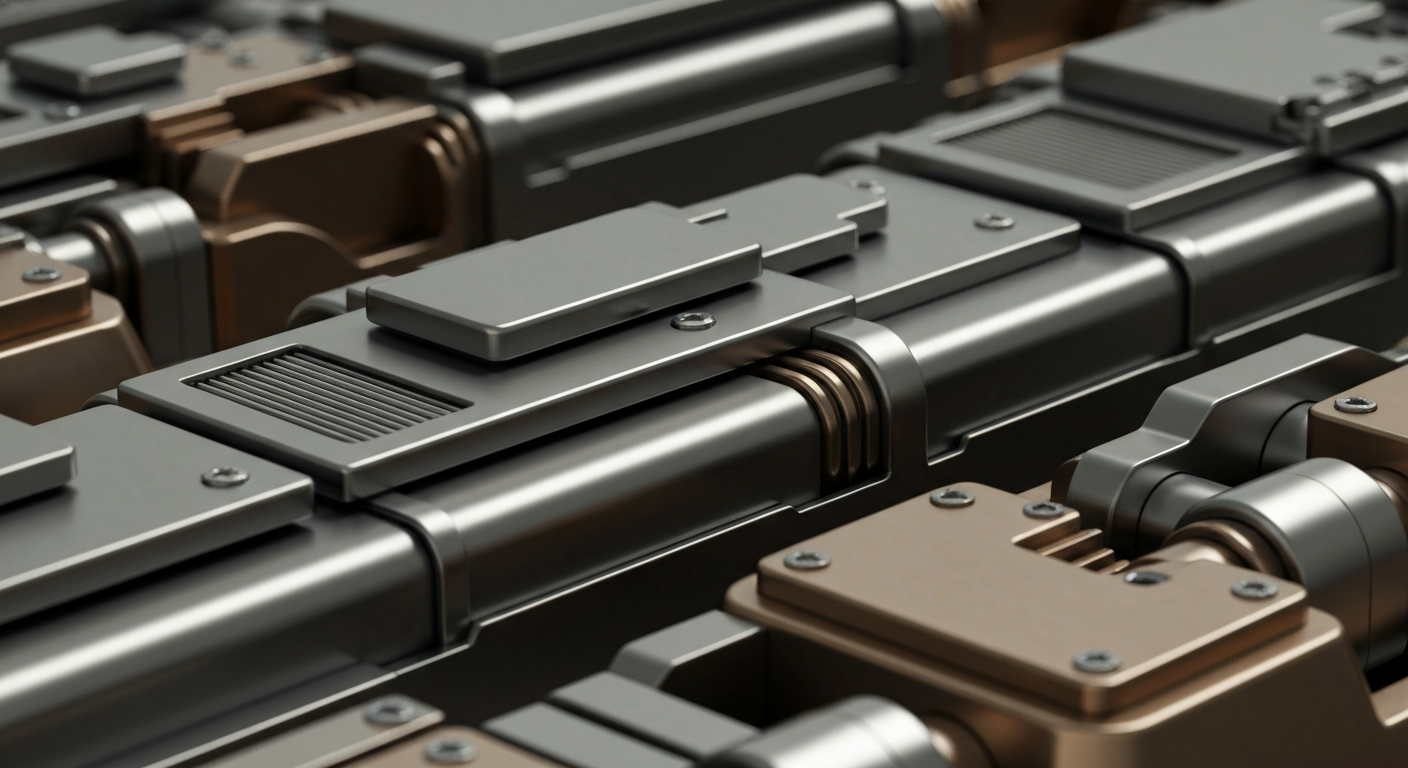 A highly detailed, cinematic close-up image of heavy, industrial banking machinery and mechanisms, conveying the secure and powerful nature of the financial services sector without using any text or identifiable elements.