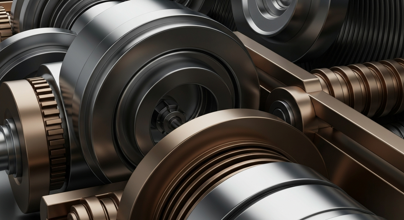 An extreme close-up of intricate, highly textured banking machinery and mechanical components in shades of steel grey, bronze, and chrome, conveying a sense of institutional financial power and security.