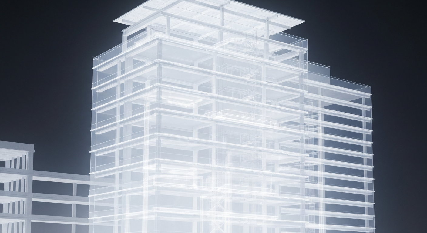 A translucent, ghostly X-ray photograph revealing the intricate internal structure of a hospital building, conceptually representing the essential healthcare services it provides.