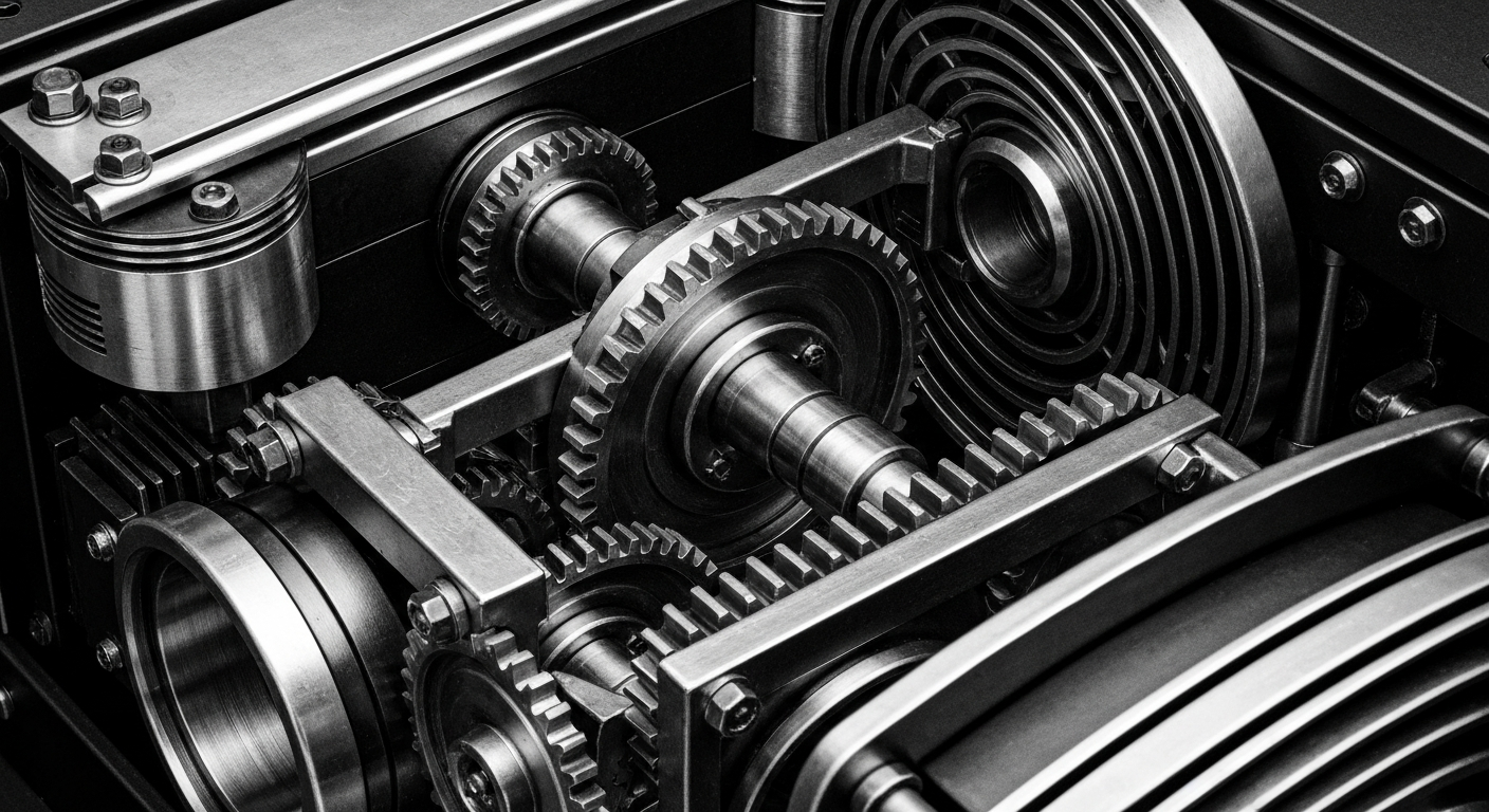 A high-contrast black and white close-up image of the intricate mechanical components of a cryptocurrency mining rig, conveying the industrial and technical nature of this growing sector.