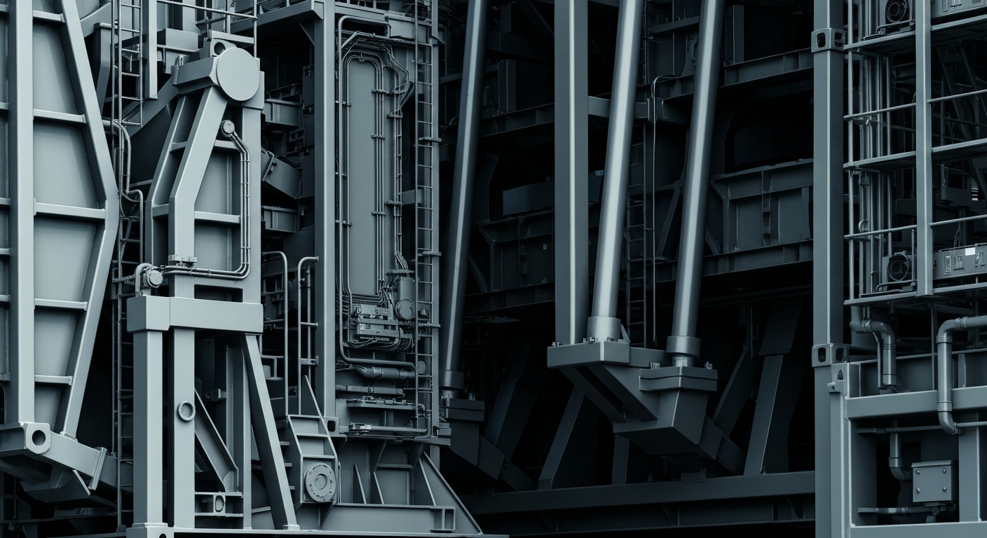 An extreme close-up of industrial shipping equipment and machinery, capturing the complex, physical infrastructure that underpins global logistics networks.
