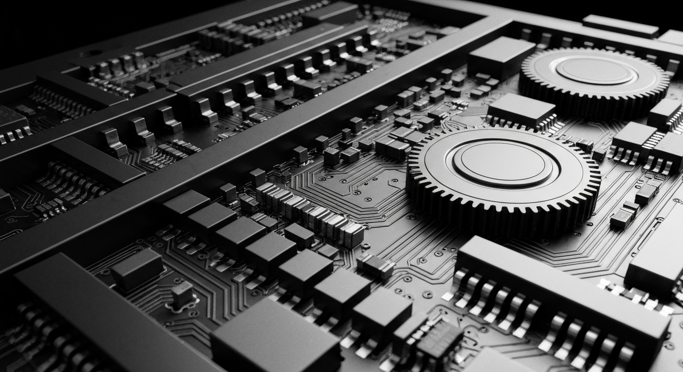 A high-contrast, close-up image of the intricate mechanical and electronic components that make up the inner workings of a semiconductor chip, conveying the sophisticated engineering and manufacturing behind these essential microelectronic devices.