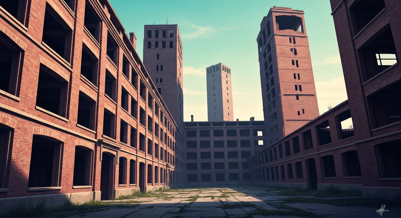 A highly stylized, geometric illustration depicting the towering, decaying structures of an abandoned mental hospital, with sweeping airbrushed gradients in shades of grey, blue, and red conveying a sense of the site's haunting atmosphere and unsettling history.