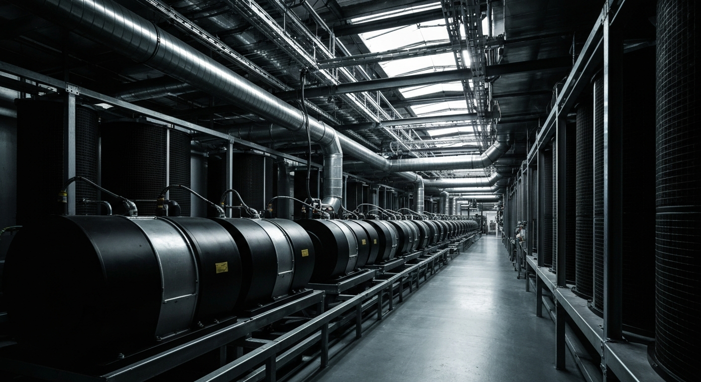 An extreme close-up of the intricate machinery and cooling systems inside a cryptocurrency mining facility, captured in a high-contrast, industrial style that emphasizes the scale and complexity of modern digital asset infrastructure.