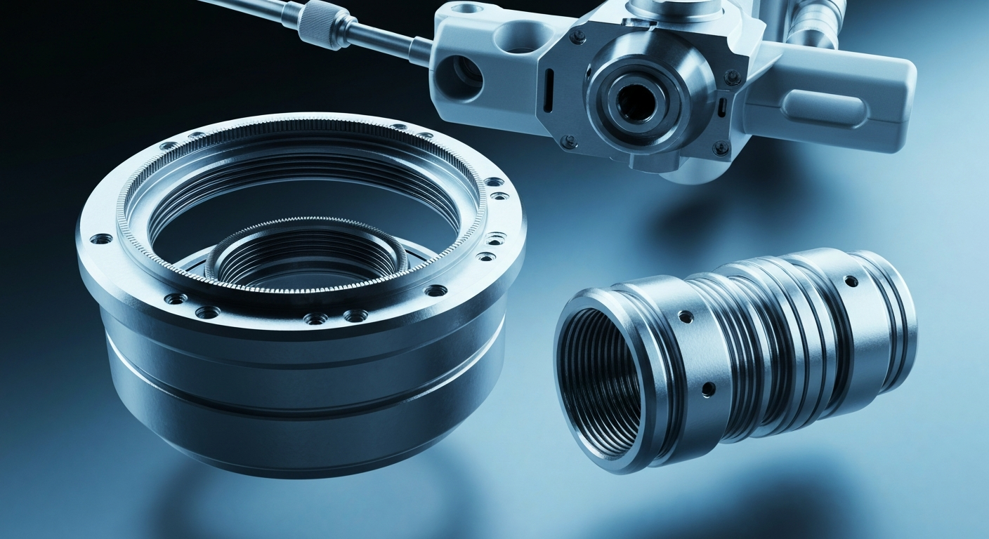 A high-contrast, cinematic close-up image of complex medical device components and machinery, representing the precision engineering behind Globus Medical's products.