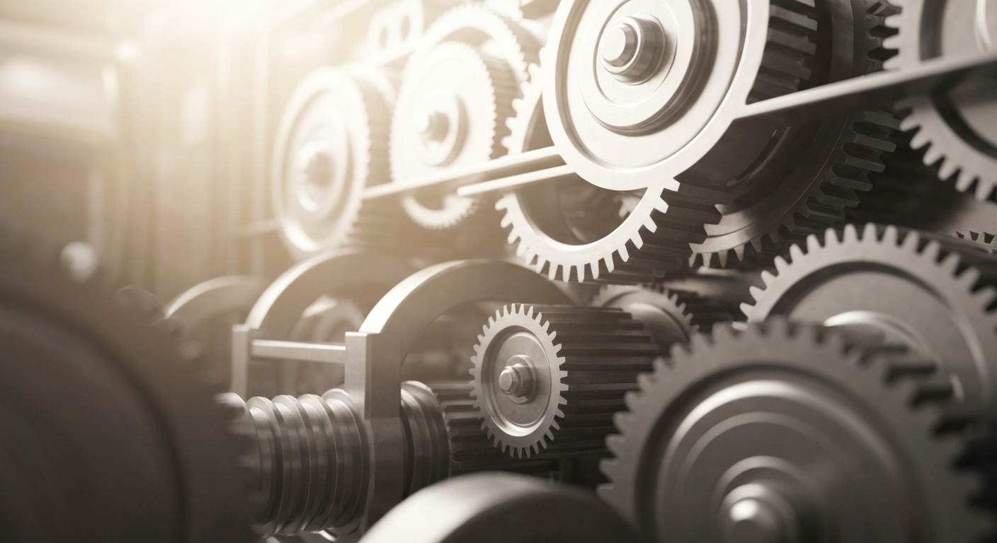An extreme close-up of a complex array of metal gears, cogs, and machinery, representing the institutional power and financial infrastructure of the banking industry.