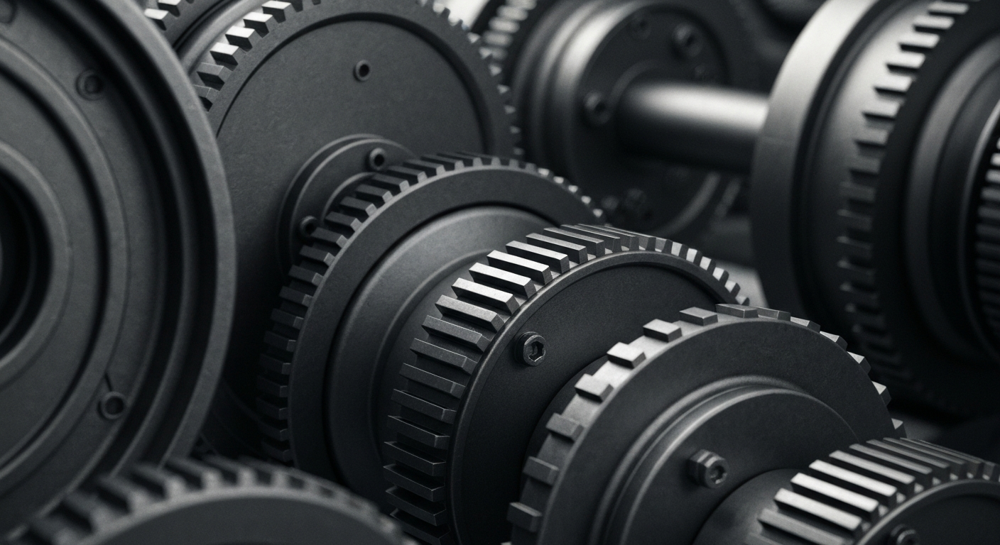 An extreme close-up of industrial gears and machinery in muted tones of steel grey and black, representing the intricate financial systems and infrastructure that drive stock market activity.