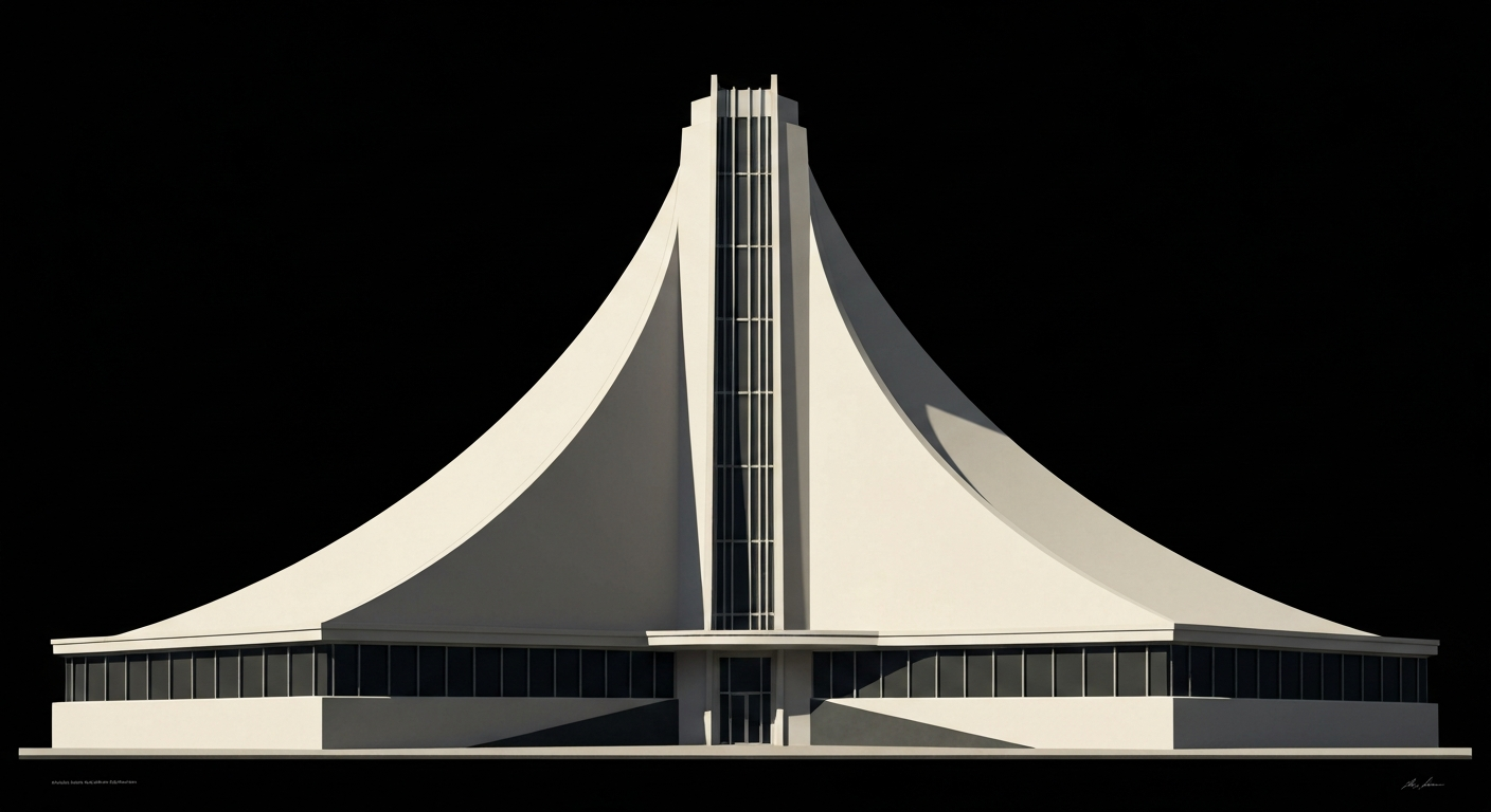 A bold, geometric illustration depicting the towering, streamlined facade of the American Clock & Watch Museum, with sweeping architectural forms and sleek, airbrushed gradients that capture the grand scale and imposing presence of the historic building.