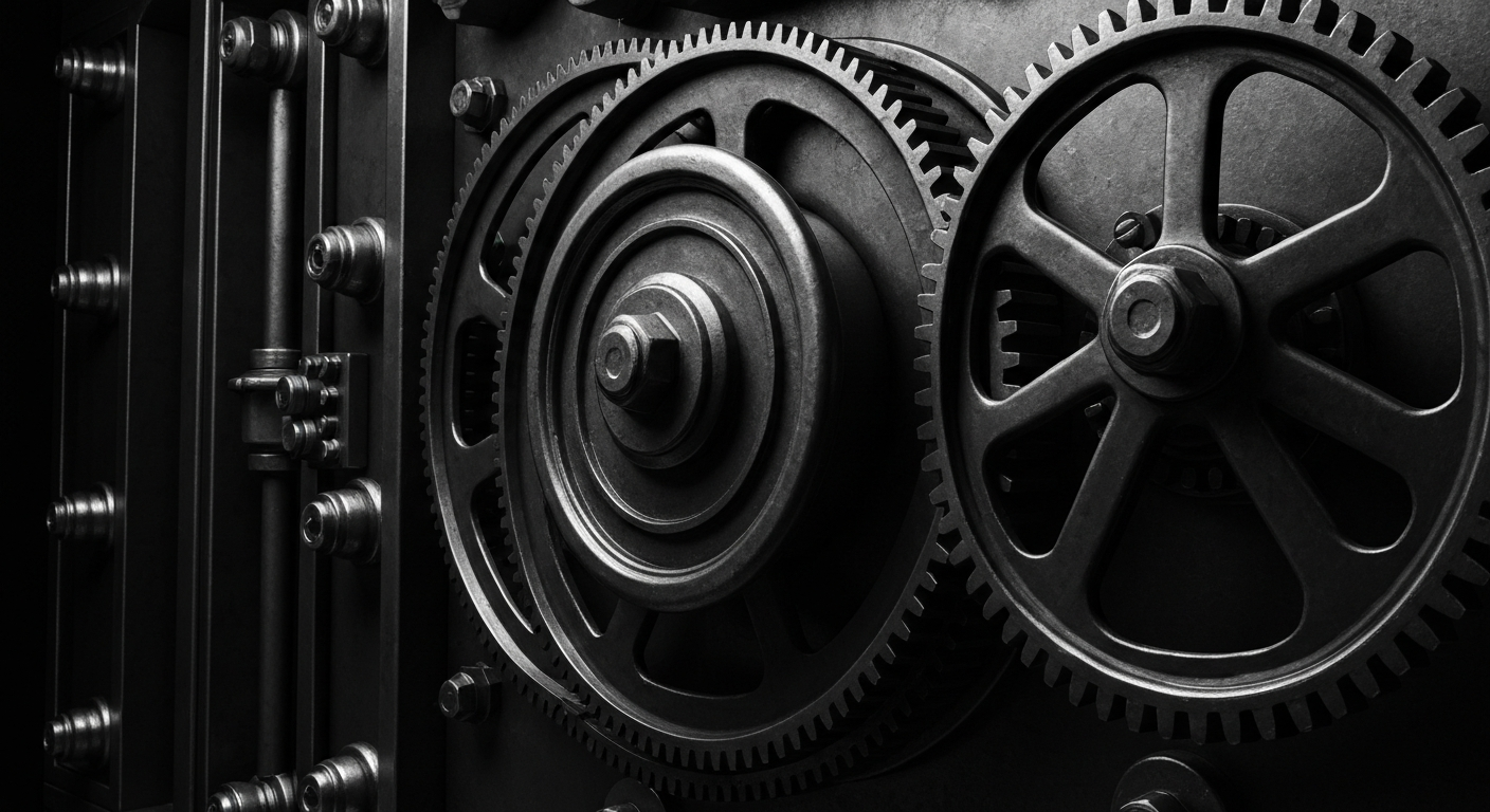 A high-contrast black and white close-up image of the complex inner workings of a large, industrial banking vault or safe deposit box, representing the secure storage of financial assets.