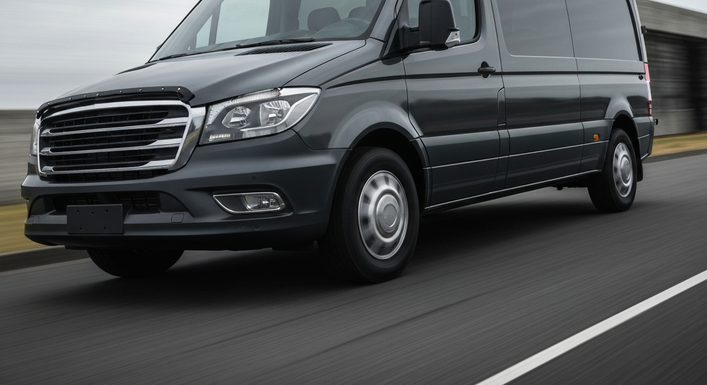 An abstract, blurred image of a Mercedes-Benz Sprinter van in motion, conveying the vehicle's speed and modern engineering through sweeping, colorful streaks.