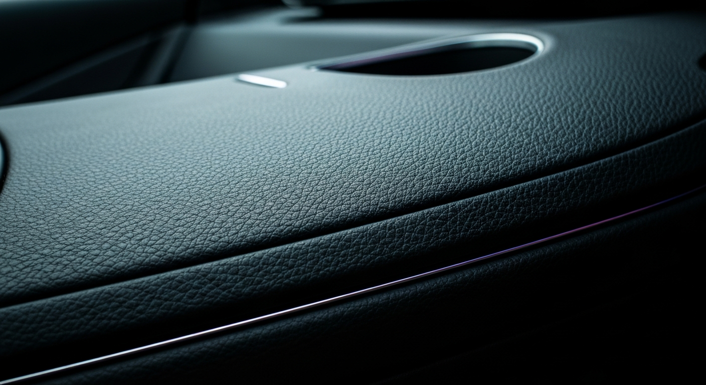 An extreme close-up of the textured, pebbled leather interior of a Mercedes-Benz electric vehicle, capturing the refined craftsmanship and premium materials in a dramatic, high-contrast lighting.
