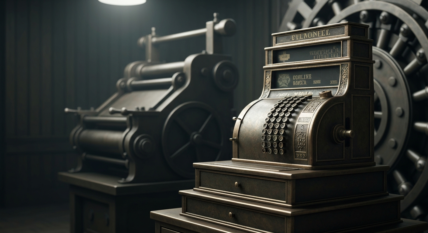 An extreme close-up of intricately engineered banking machinery and components, conveying a sense of institutional power and financial security without using any literal currency or stock market imagery.