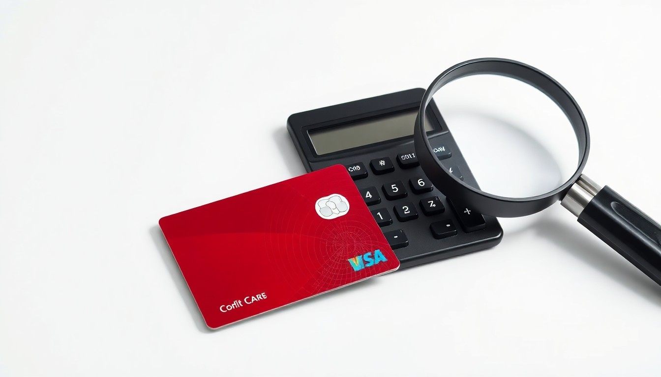A high-end, photorealistic studio still-life photograph featuring a stack of credit cards, a calculator, and a magnifying glass on a clean, white background, conceptually representing the financial security and data analysis involved in chargeback management.