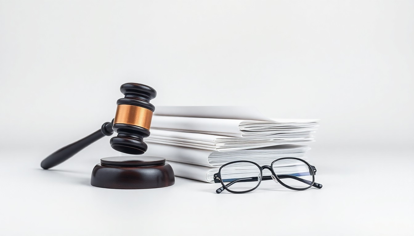 A minimalist studio still life photograph featuring a stack of legal documents, a gavel, and a pair of reading glasses arranged elegantly on a clean, monochromatic background, symbolizing the precision and expertise of financial litigation.