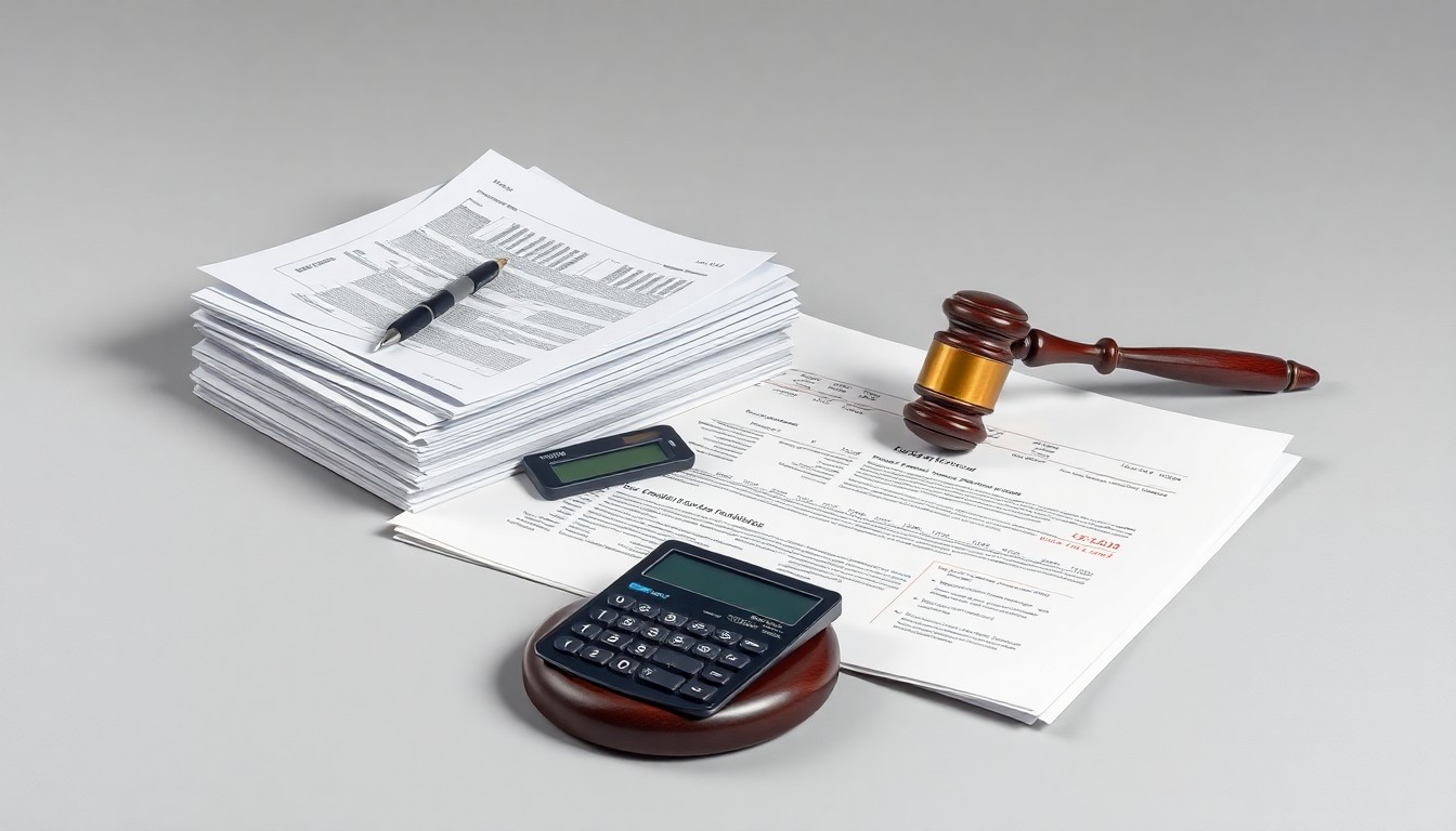A photorealistic studio still life featuring a stack of stock trading documents, a calculator, and a gavel arranged elegantly on a clean, monochromatic background, conceptually representing abstract corporate strategy and financial markets.