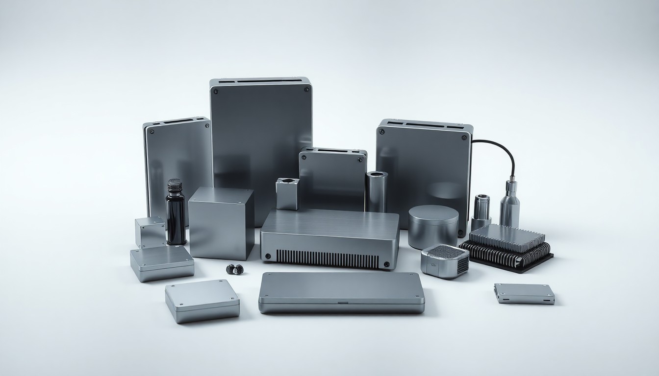 A photorealistic studio still-life featuring a collection of shiny, metallic electronic components arranged in a minimalist, geometric composition on a clean, monochromatic background, conceptually representing the abstract ideas of corporate strategy and digital transformation in the electronics industry.