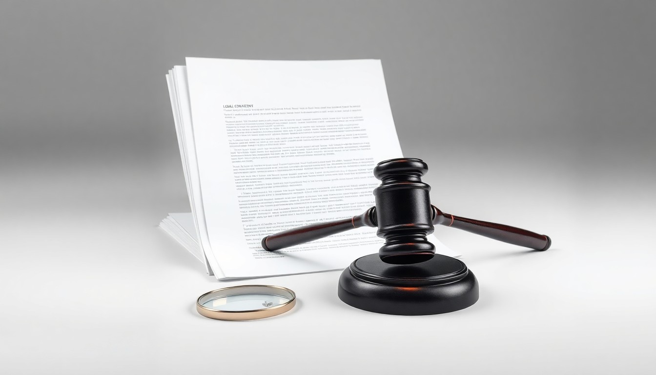 A minimalist studio photograph featuring a stack of legal documents, a gavel, and a magnifying glass arranged on a clean, monochromatic background, symbolizing the abstract concepts of legal strategy, risk, and fraud.