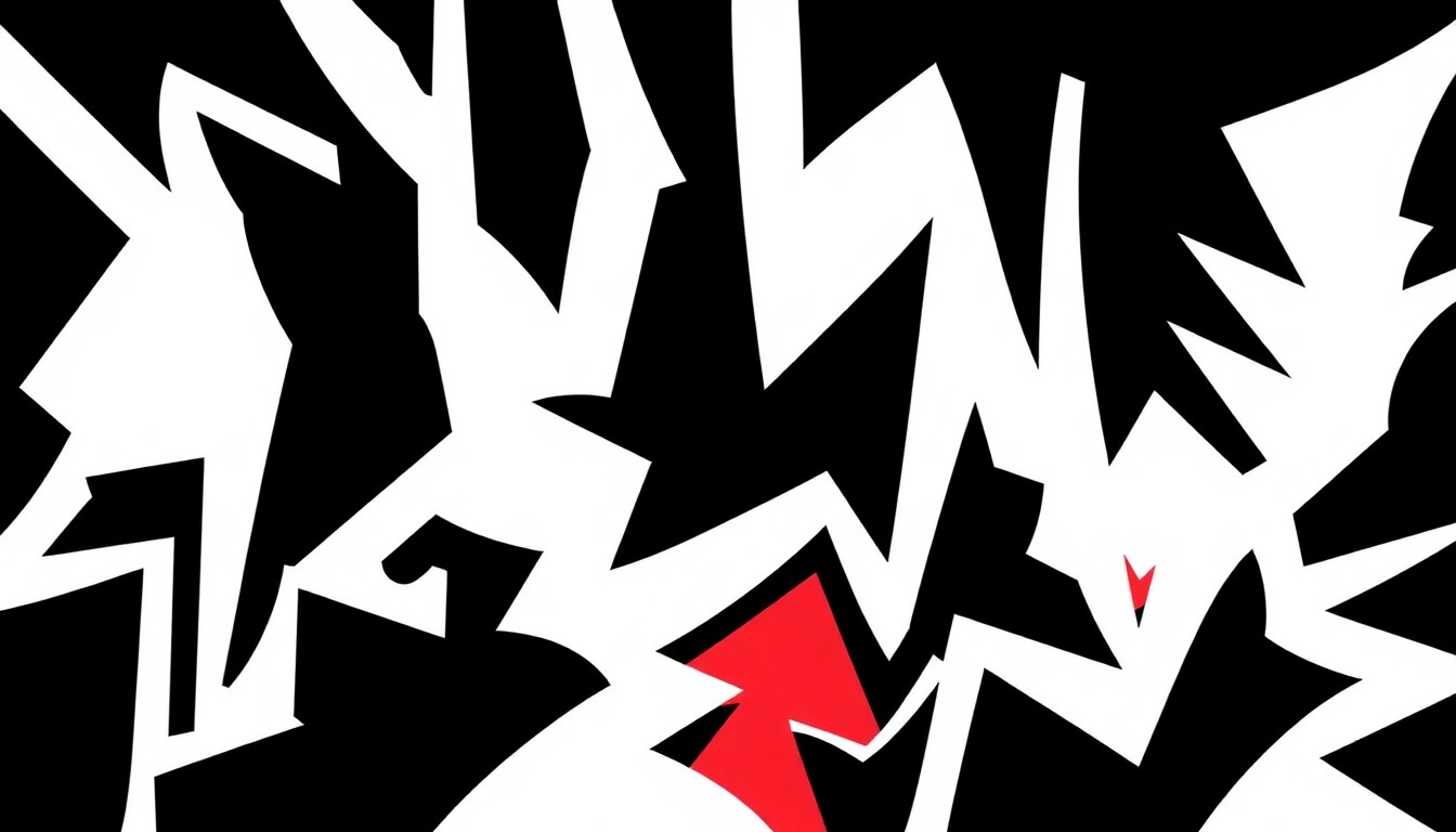 An abstract, minimalist illustration composed of stark black silhouettes, white negative space, and bold red geometric shapes, conceptually representing the diverse offerings and community-focused spirit of independent music shops.