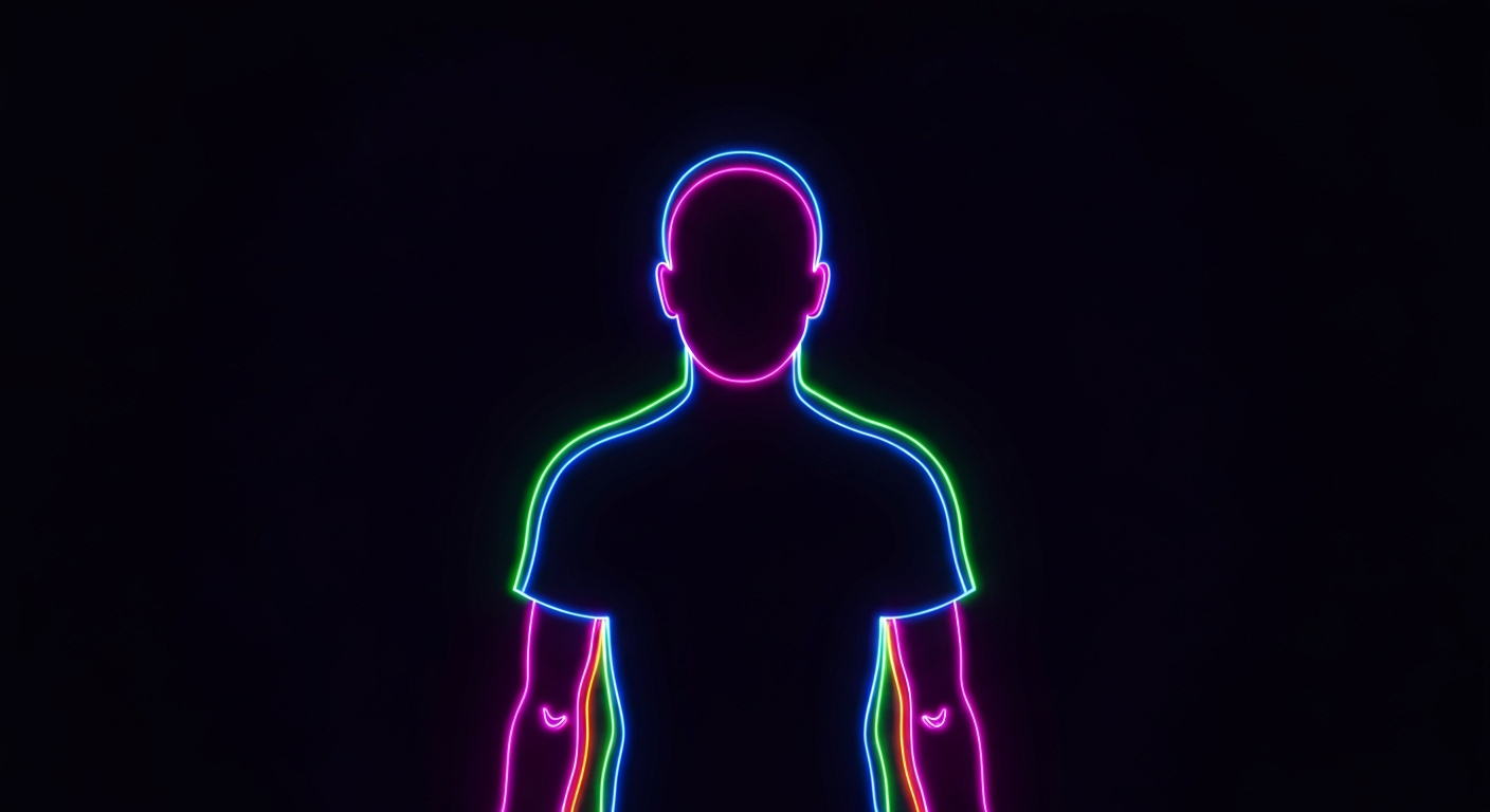 A glowing neon outline of a person's silhouette in vibrant colors, representing the diverse spectrum of autism, against a dark background.