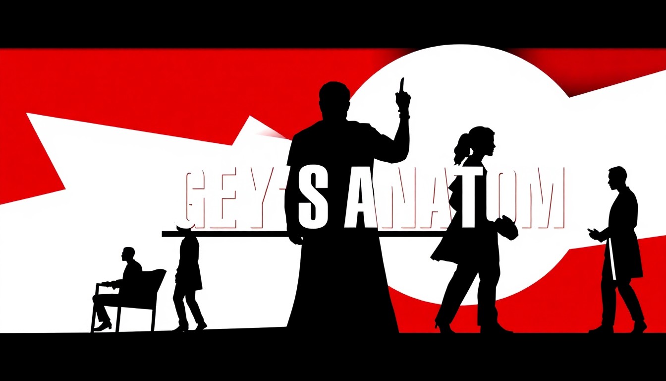 A bold, abstract composition of jagged, geometric shapes in shades of red and white, conceptually representing the long-running medical drama 'Grey's Anatomy' without using any text or literal imagery.