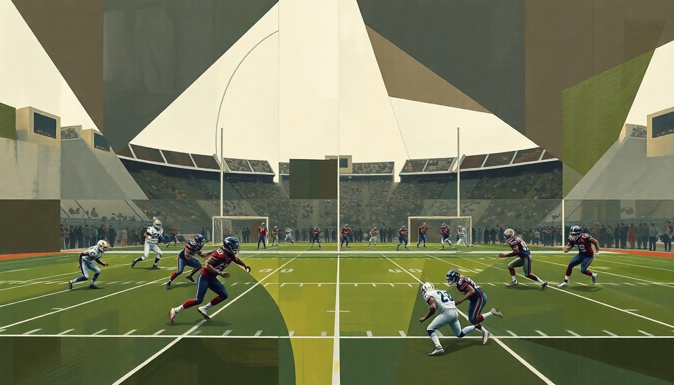 An abstract, cubist-style painting depicting a fragmented football game, with players and the field broken down into geometric shapes and planes of muted colors, capturing the strategic shift in the Cowboys' draft approach.