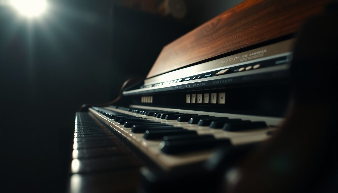 An abstract close-up photograph of the keys and wooden housing of a vintage Hammond B3 organ, captured in dramatic high-contrast studio lighting to evoke the instrument's warm, layered tones.