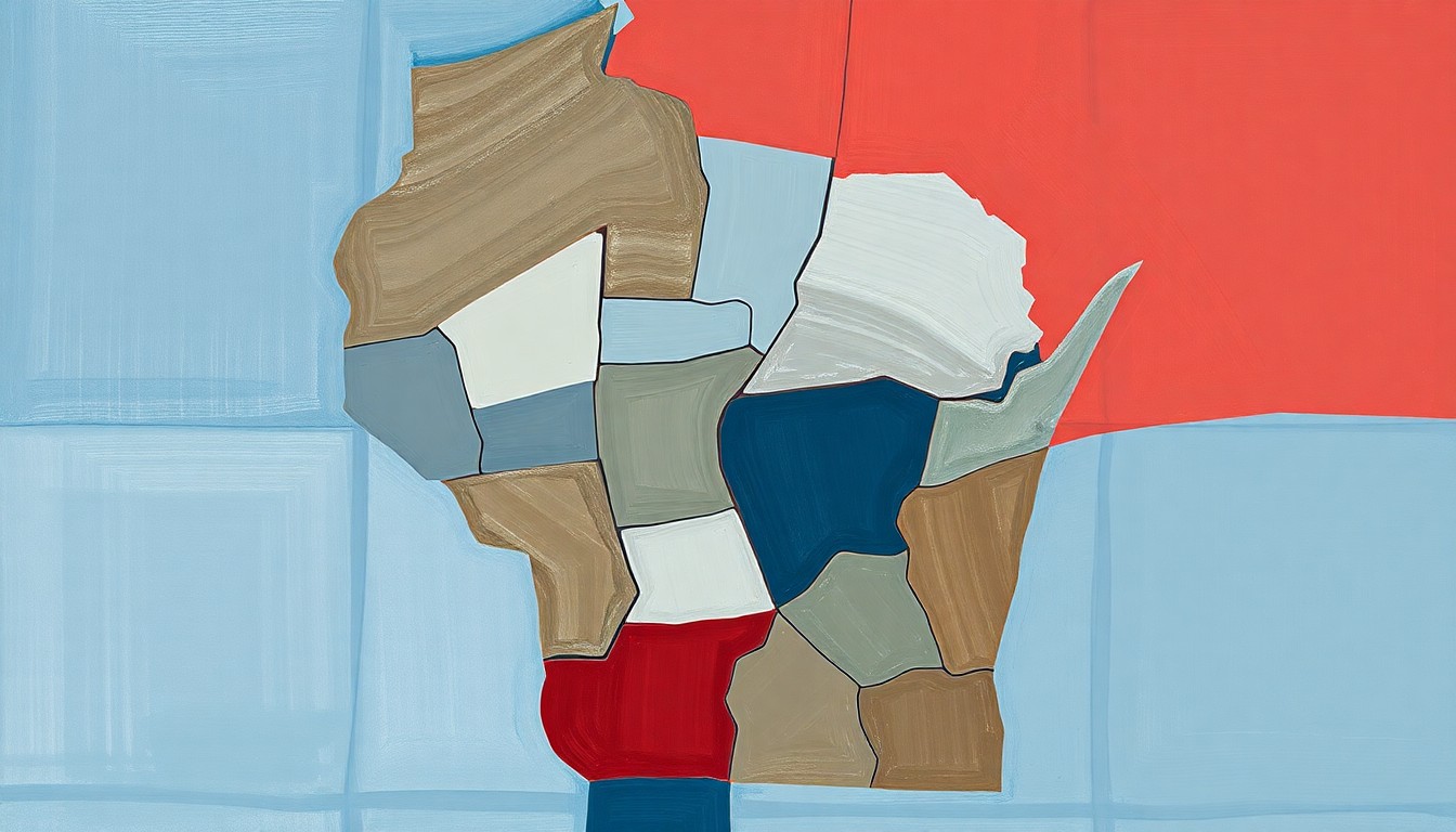 An abstract, fragmented painting in shades of blue, grey, and red, conceptually representing the partisan tensions and political divisions over the redrawing of Wisconsin's congressional district boundaries.