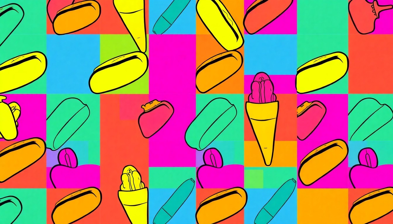 A highly stylized, abstract grid of brightly colored, silkscreen-style illustrations of an iconic food pushcart object, conveying the vibrant energy and visual appeal of street food culture.