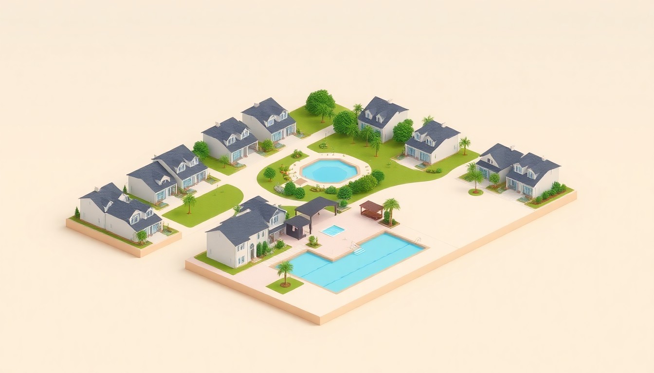 A miniature, stylized 3D illustration depicting a neighborhood of luxury single-family homes surrounding a central community pool and cabana area, with lush green landscaping, conceptually representing the high-end living experience of the new Shallowford Pointe development.
