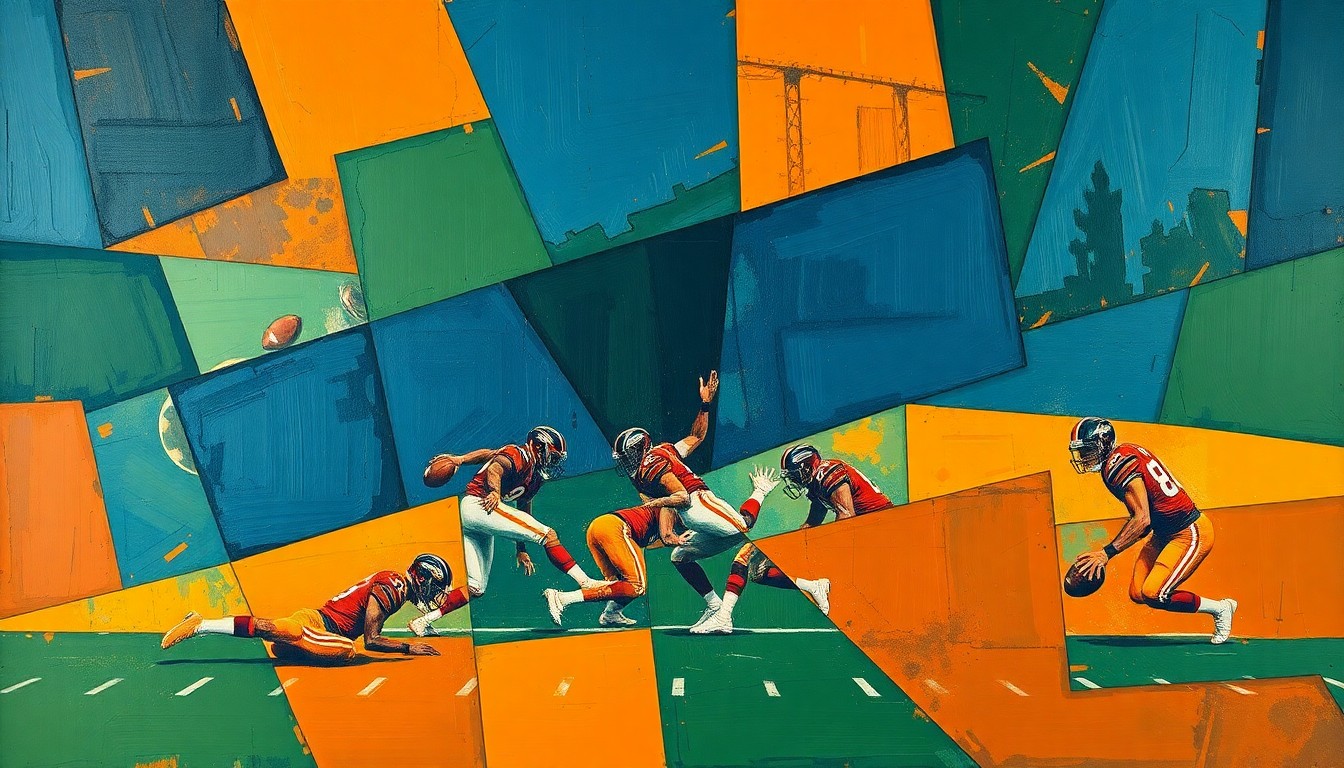 A cubist, geometric painting depicting a fragmented football field with overlapping shapes and planes in dark blue, green, and orange tones, representing the complex tactical adjustments the Eagles may need to make around their quarterback Jalen Hurts.