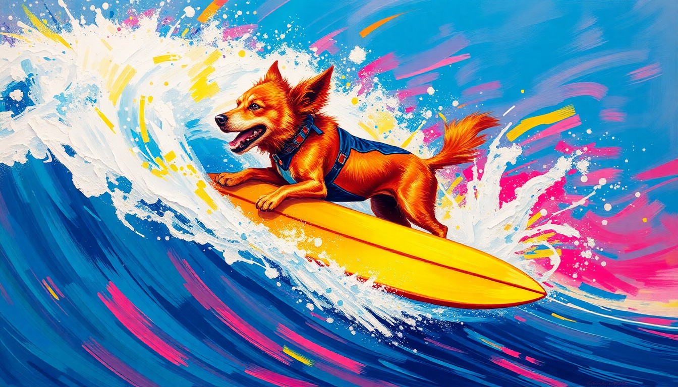 An abstract expressionist painting in neon colors depicting a dog surfing on a crashing wave, capturing the raw energy and joy of Sugar the Surfing Dog.