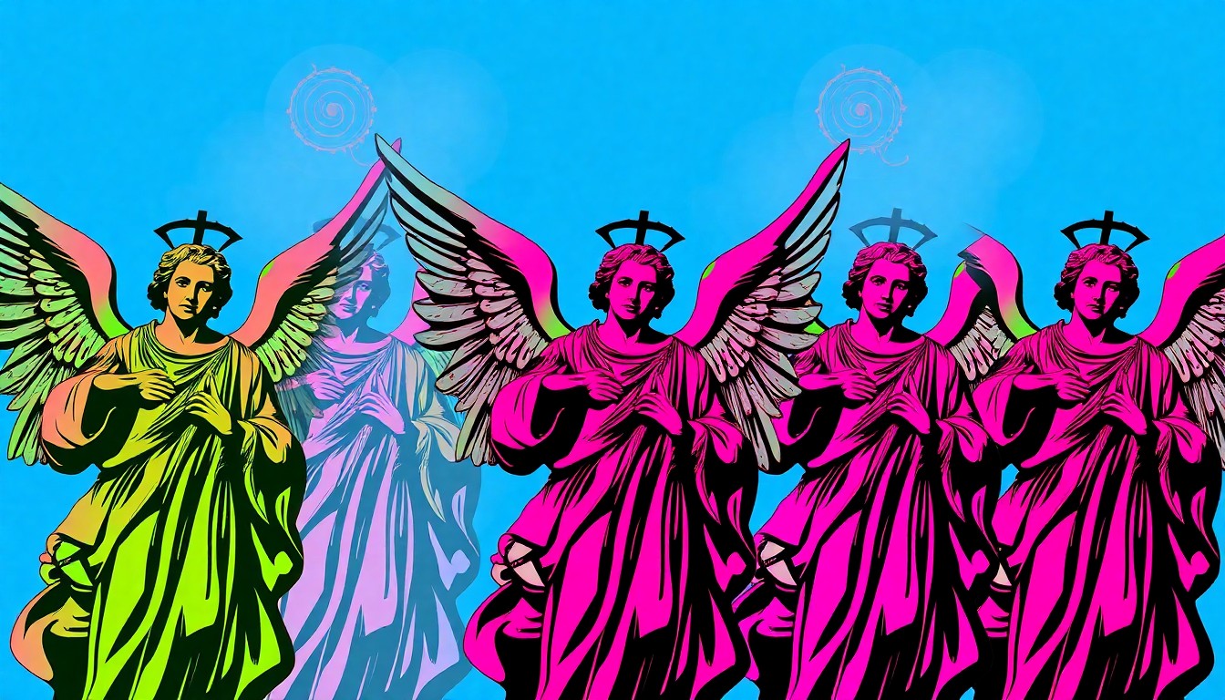 A highly stylized, abstract silkscreen print featuring multiple identical images of a statue depicting the archangel Michael, rendered in a bold, neon color palette reminiscent of Andy Warhol's pop art. The statue is depicted without any text or identifying labels, focusing solely on the iconic religious figure as a modern, vibrant work of art.