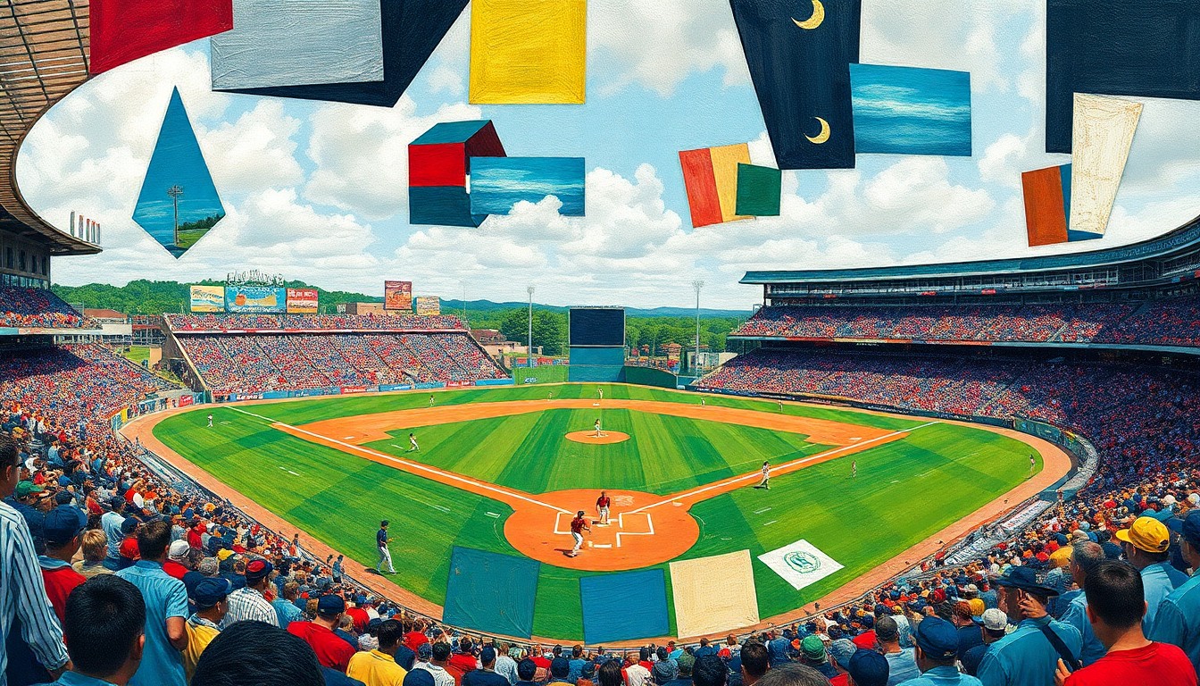 A cubist, geometric painting depicting a high school baseball game, with the players, field, and crowd broken down into abstract shapes and planes of color.