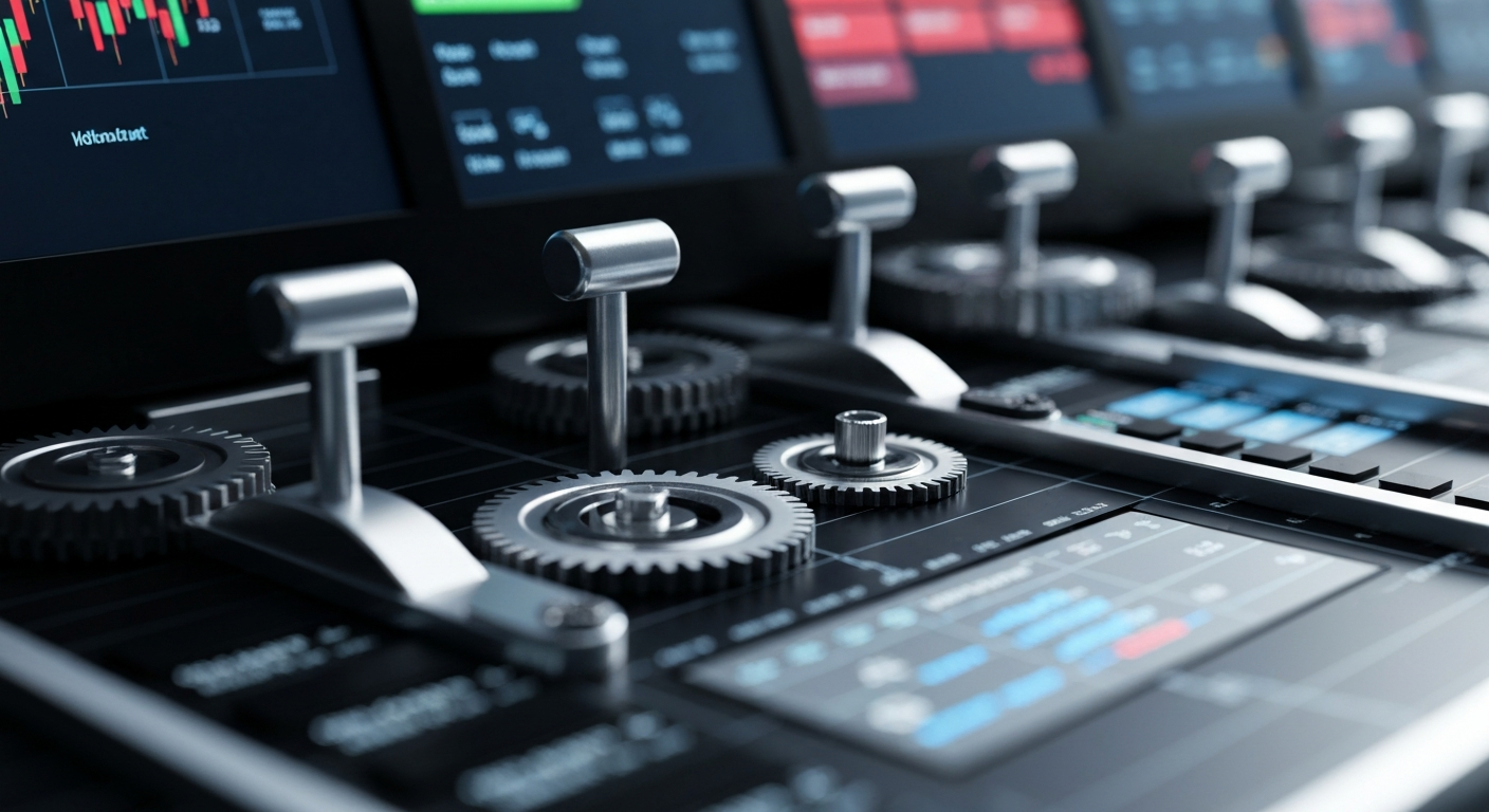 An extreme close-up of the intricate mechanical and digital components that power a financial trading platform, conveying the complex and secure infrastructure behind Kalshi's regulated event trading system.