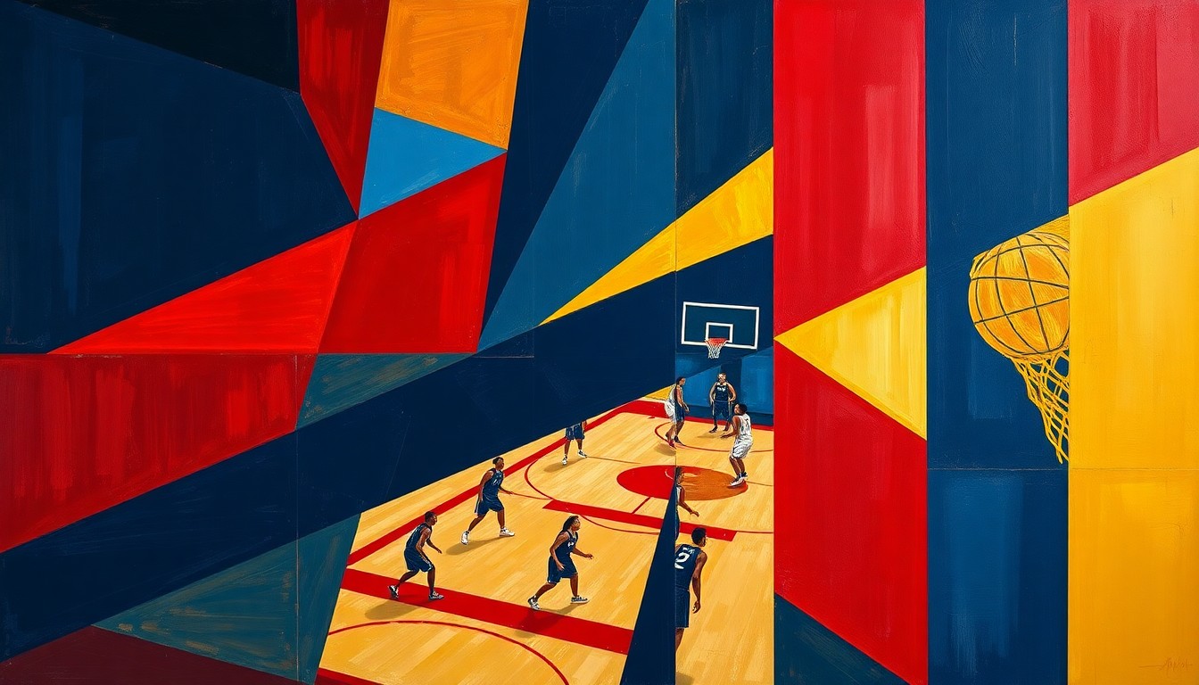 A cubist, geometric painting depicting a fragmented WNBA basketball game, with sharp overlapping planes in navy, red, and gold colors, conveying the complex tensions surrounding the Connecticut Sun's move to Houston.