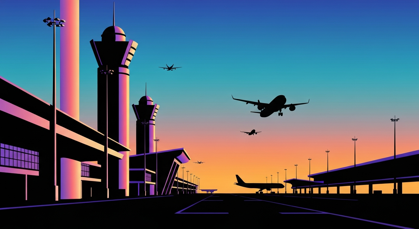 A bold, geometric illustration in the Art Deco style, featuring towering, streamlined airport architecture and aircraft silhouettes against a vibrant, gradient sky, capturing the grand scale and sweeping perspectives of air travel.