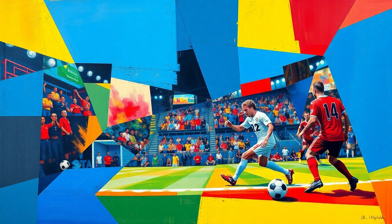 A cubist, geometric painting depicting a fragmented soccer match or competition, with sharp, overlapping planes of color capturing the dynamic energy and movement of the game.