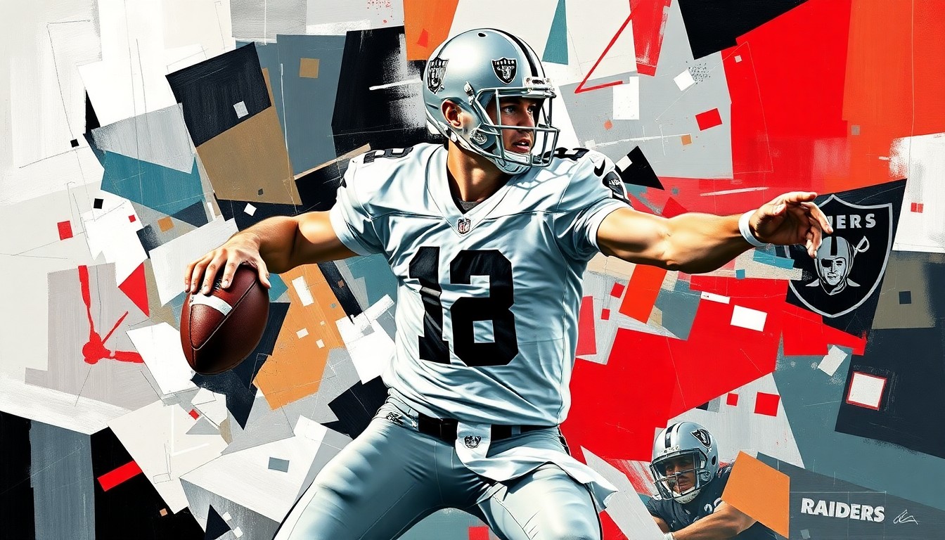 A fragmented, geometric painting in bold colors depicting the dynamic movements of a football quarterback, conveying the raw energy and promise of the Raiders' top draft prospect.
