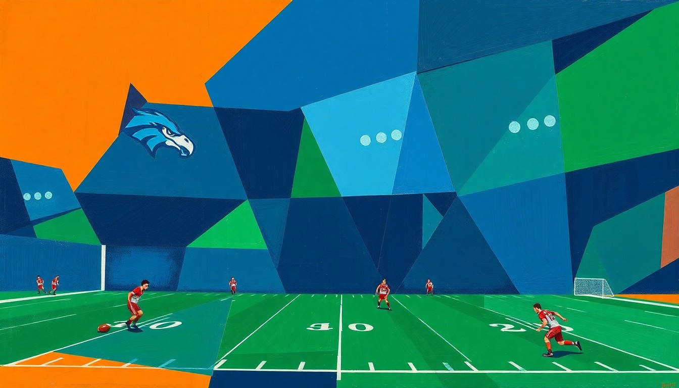 A cubist, geometric painting depicting a fragmented football game, with overlapping planes of navy, green, and orange, conveying the complex issues surrounding player contracts and retirement in the NFL.