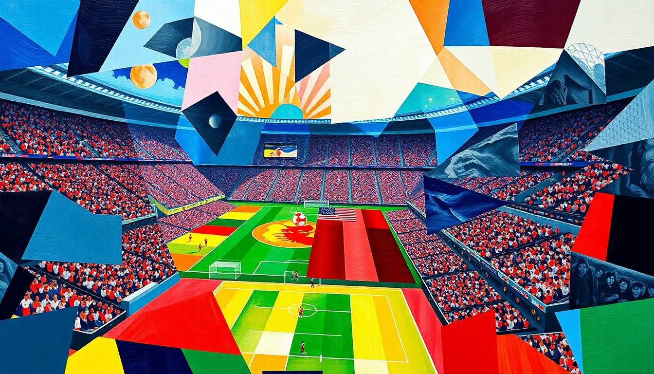 A fragmented, geometric painting depicting a soccer match, with overlapping planes of players, the field, and the crowd in the official colors of the USMNT and Belgium, conveying the disjointed and chaotic nature of the game.