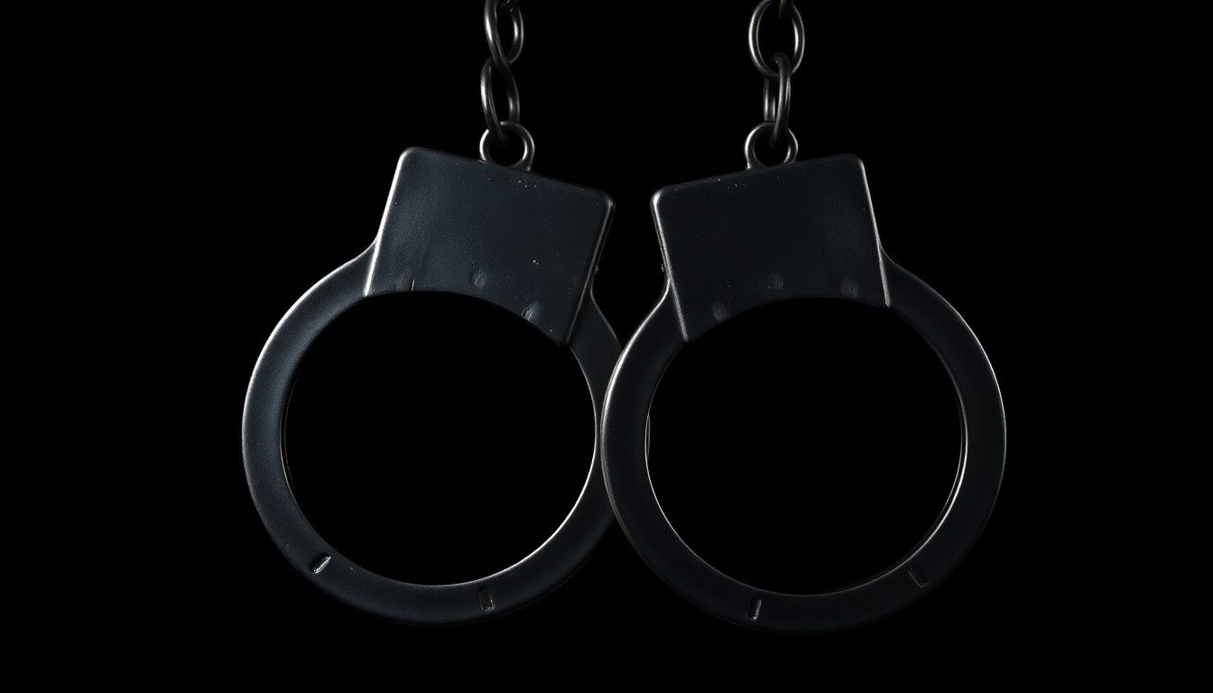 An extreme close-up of a pair of metal handcuffs against a black background, the harsh flash lighting creating dramatic shadows and highlights that convey a sense of the gravity of a criminal investigation.