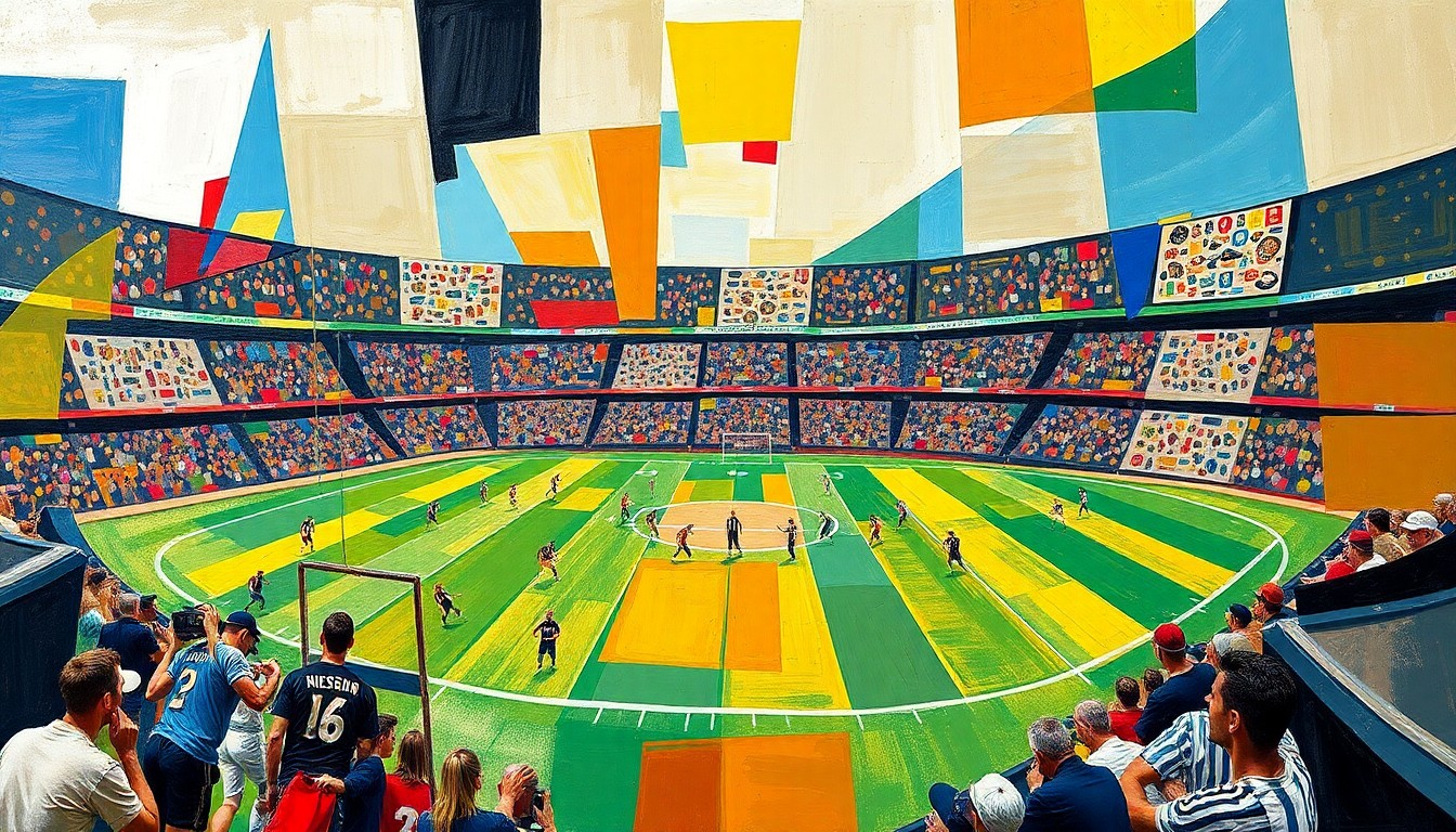 A cubist, geometric painting depicting fragmented football players and field elements, conveying the strategic focus on offense in the Browns' draft planning.