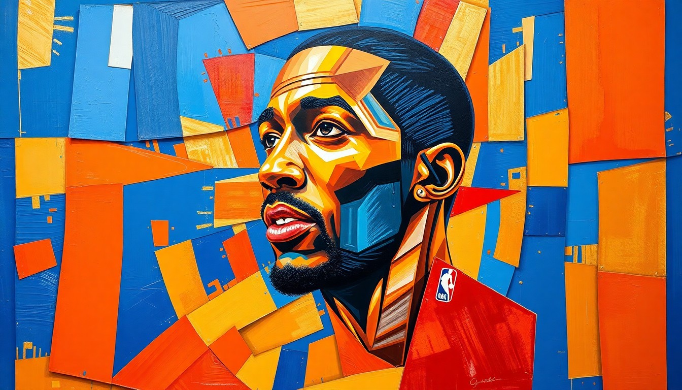 A fractured, cubist-style painting depicting Amar'e Stoudemire's basketball career through overlapping geometric shapes and planes in vibrant colors, capturing the energy and accomplishments of the former Knicks star.