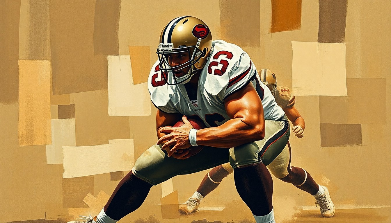 A fragmented, cubist-style painting depicting a football defensive lineman in the midst of a play, with sharp geometric shapes and planes in muted earth tones representing the uncertainty and complexity of the player's injury status and future.