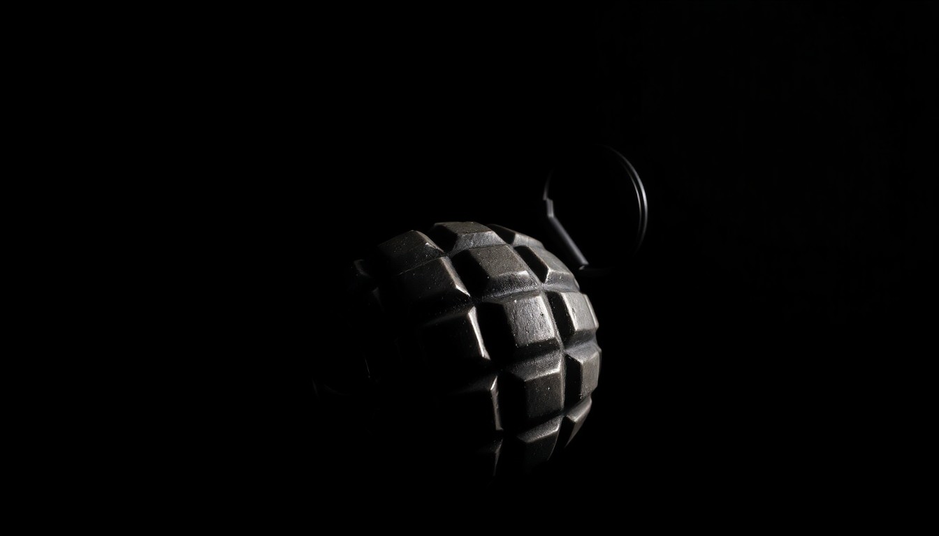 An extreme close-up photograph of a metallic grenade casing, its ominous shape and textured surface illuminated by a harsh, direct camera flash against a pitch-black background, conveying a stark, gritty, investigative aesthetic.