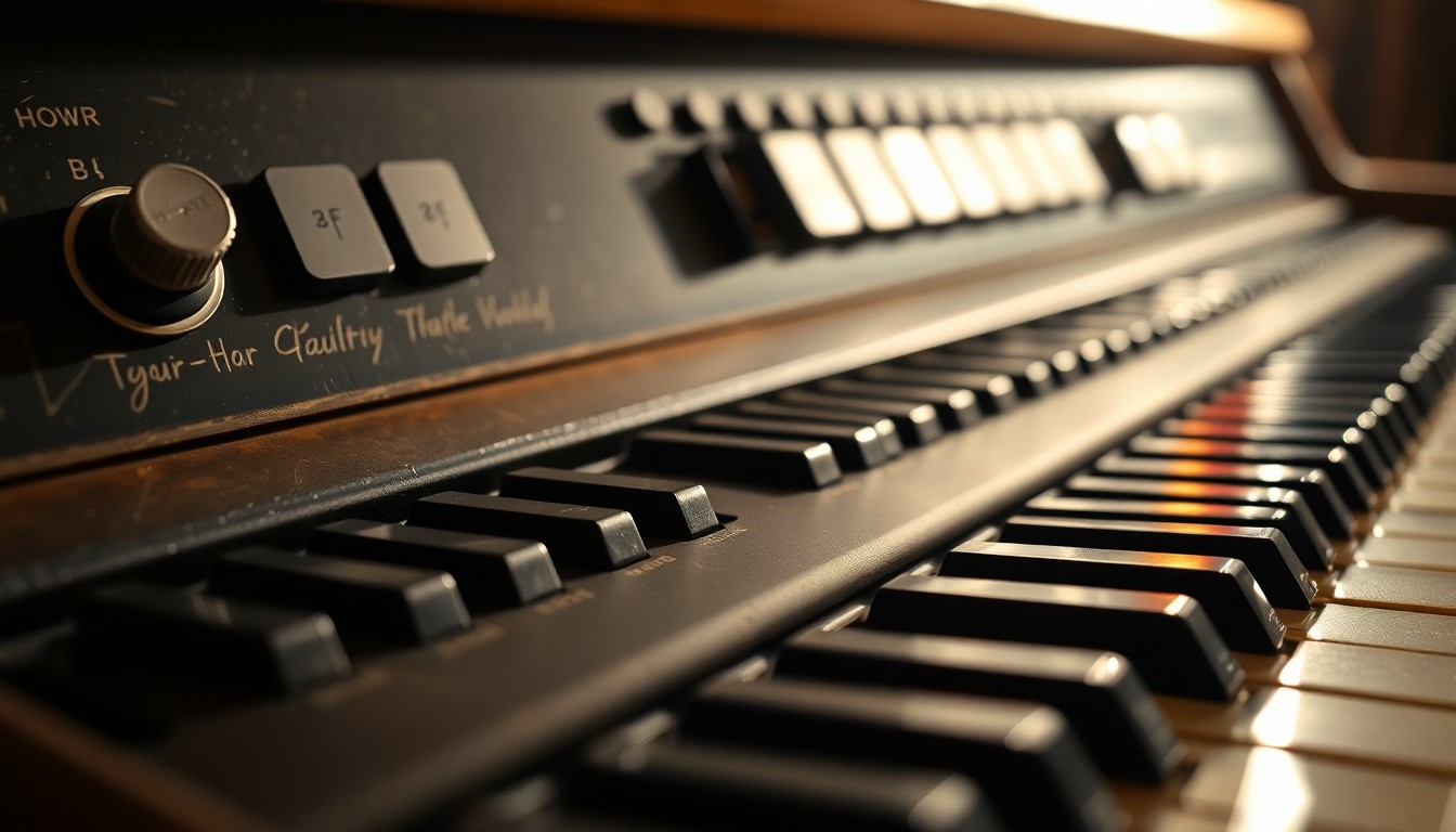 An extreme close-up photograph of the textured keys and intricate mechanics of a vintage Hammond B3 organ, capturing the instrument's iconic design in dramatic, high-contrast studio lighting.