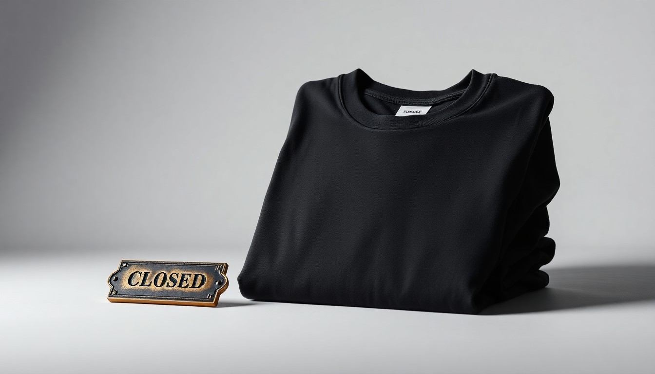 A photorealistic studio still life featuring a neatly folded Homage t-shirt and a small brass plaque reading 'Closed', set against a clean, monochromatic background with dramatic lighting, conceptually representing the bittersweet end of an era for this local brand.